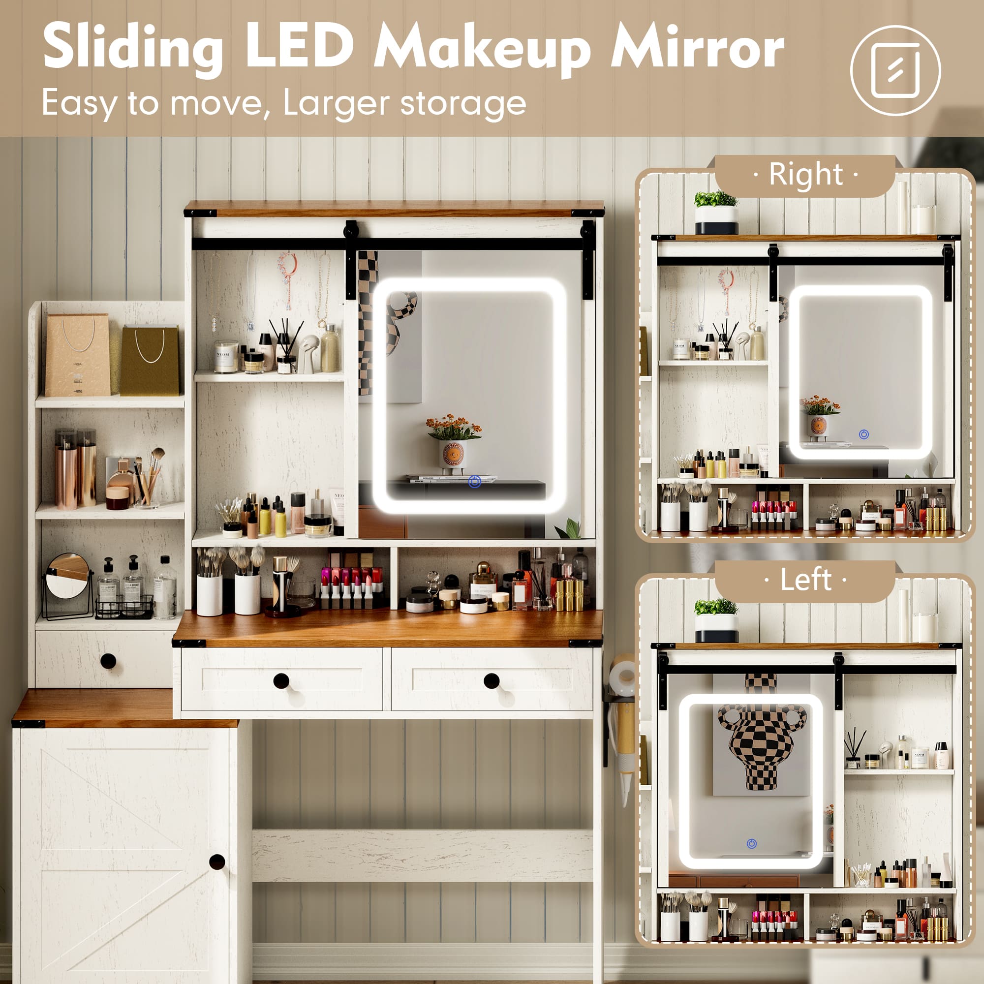 59" Farmhouse Vanity Desk with Mirror, LED Lights & Charging Station ¨C Makeup Table with Drawers, Cabinet & Shelves