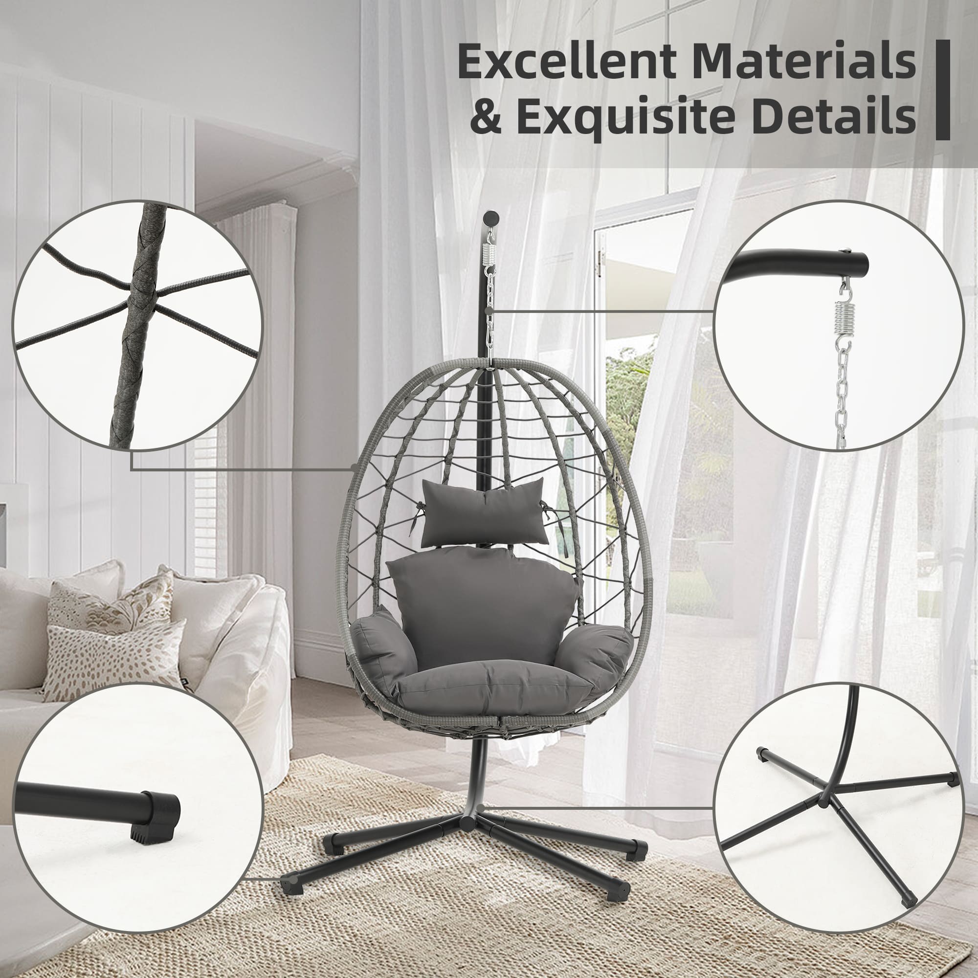 Hanging Egg Chair with Stand and Cushions ¨C Front View