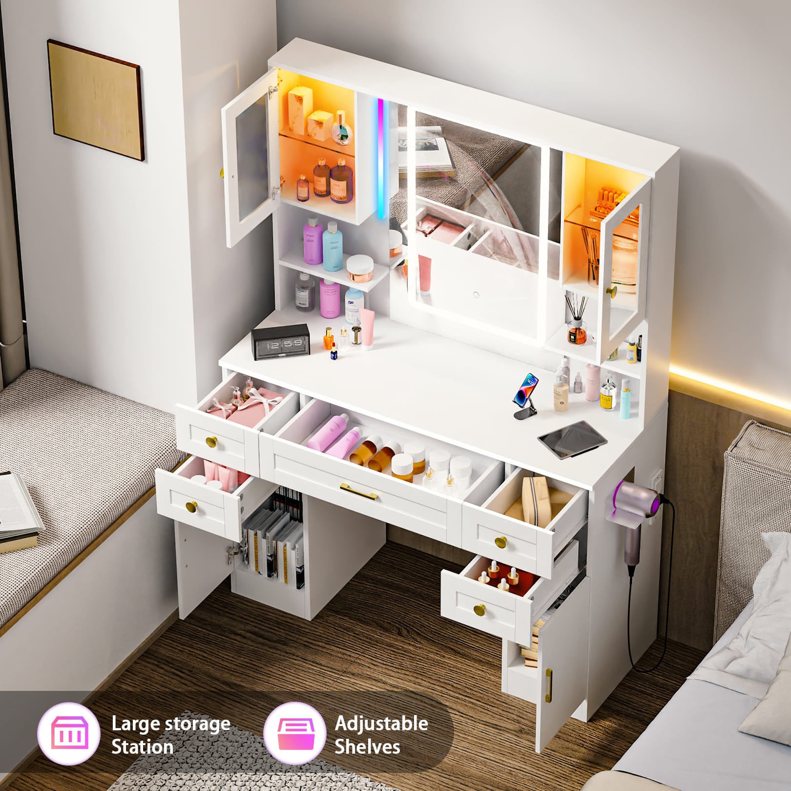 16-Color Touch Screen Vanity Mirror with Storage & Outlet