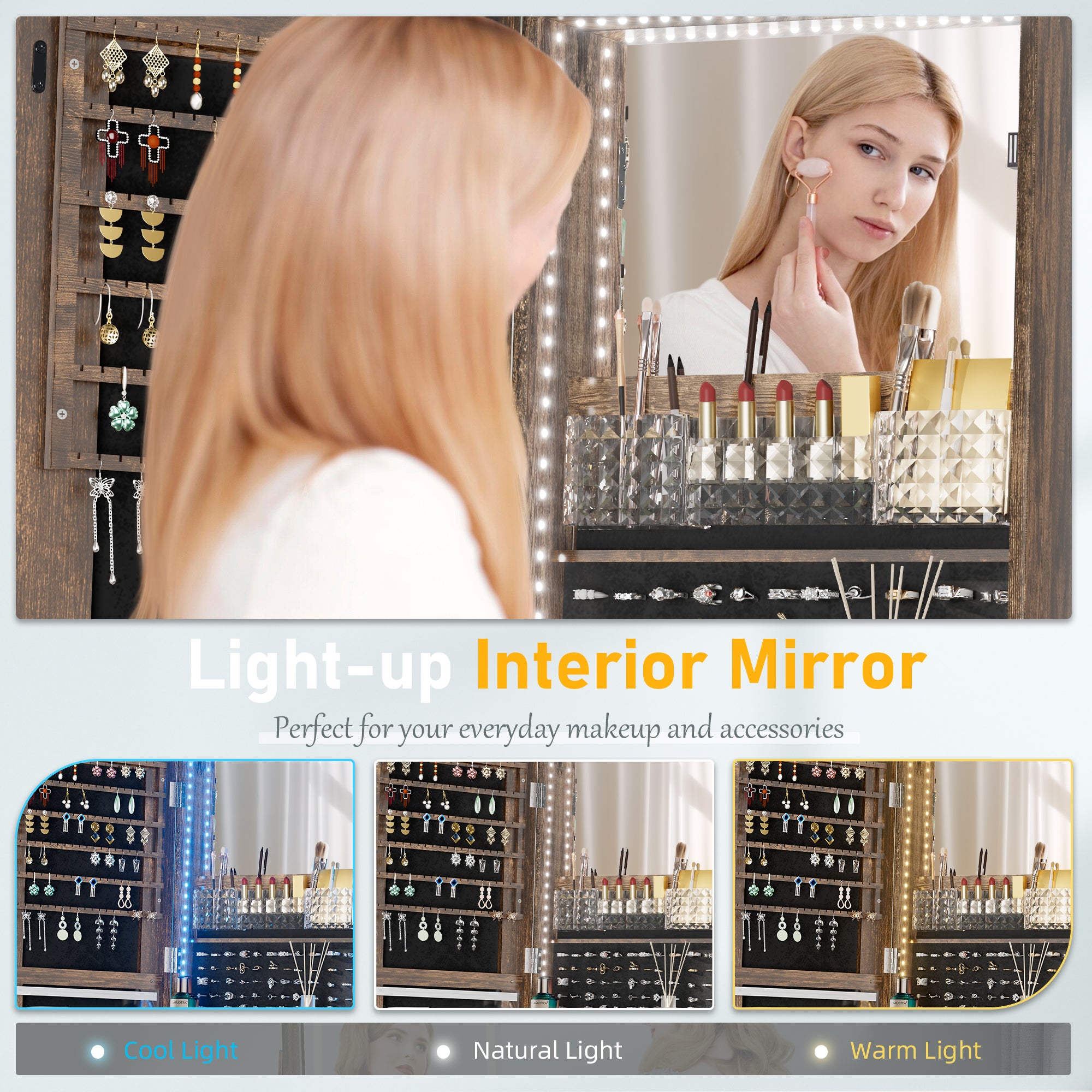 RIWENGO Close-Up of Adjustable LED Lights on Jewelry Armoire