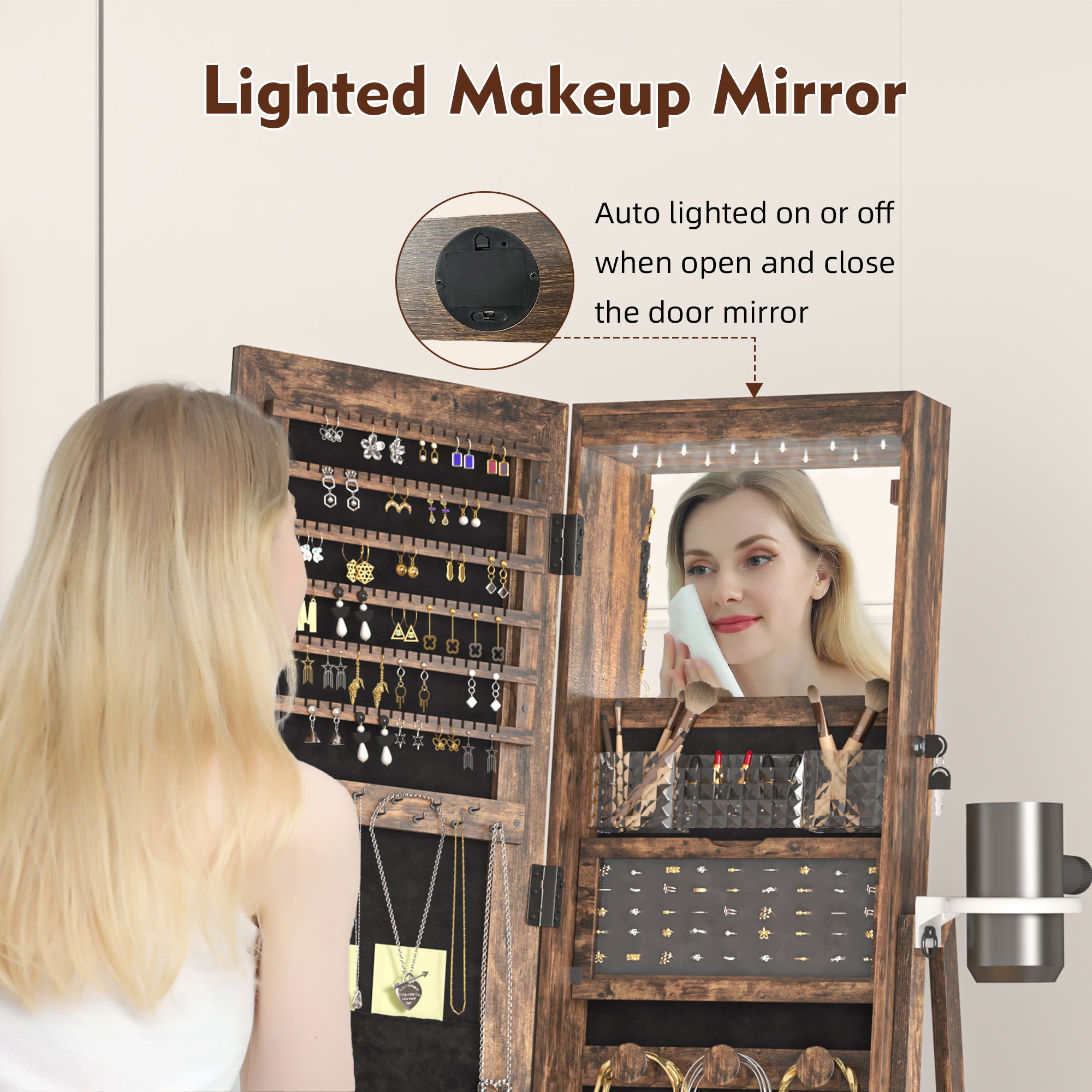 RIWENGO Close-Up of Adjustable LED Lights on Jewelry Armoire