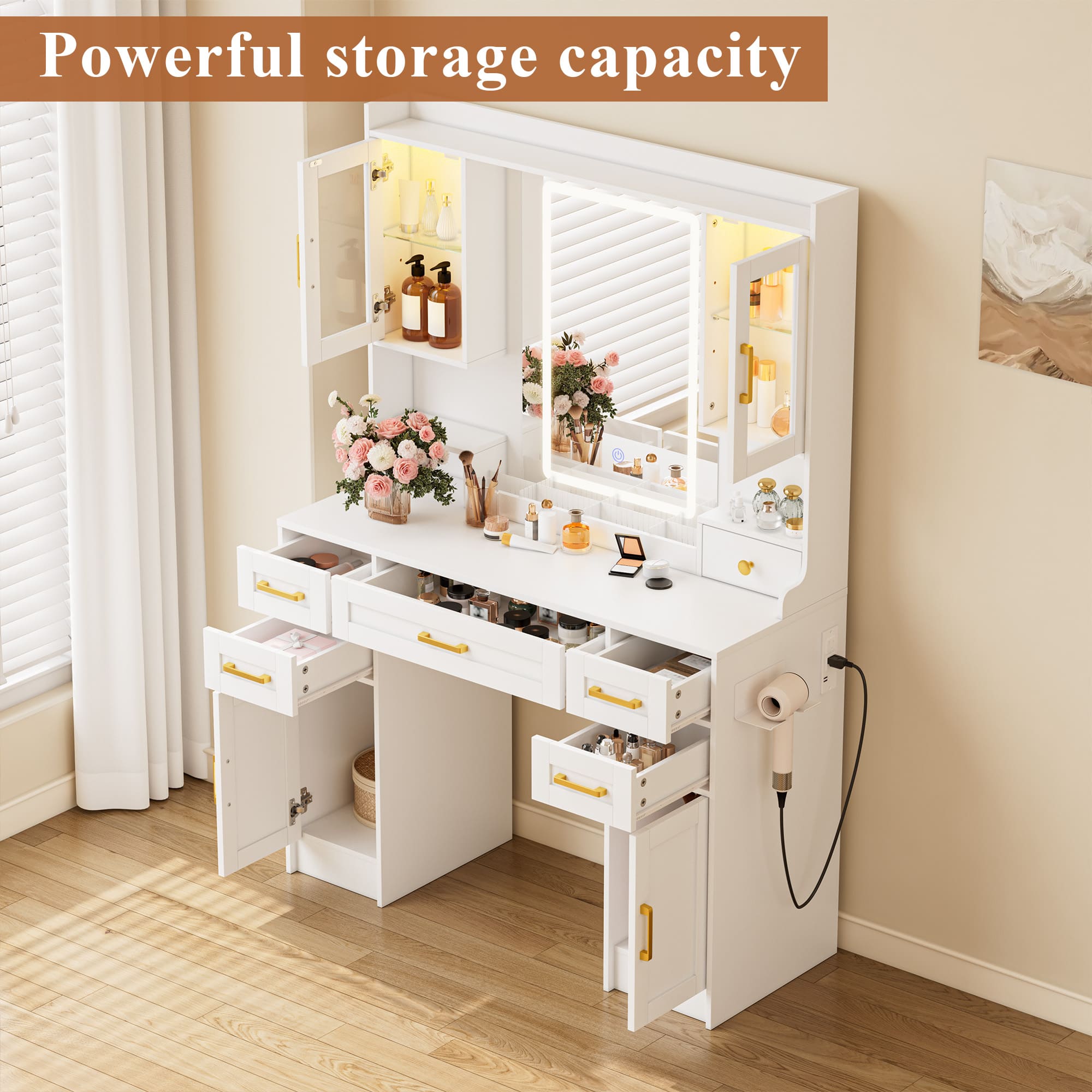 Modern Vanity Desk with Tri-Color LED Mirror, Charging Station & Storage ¨C Makeup Table with Drawers, USB Ports, and Adjustable Lighting