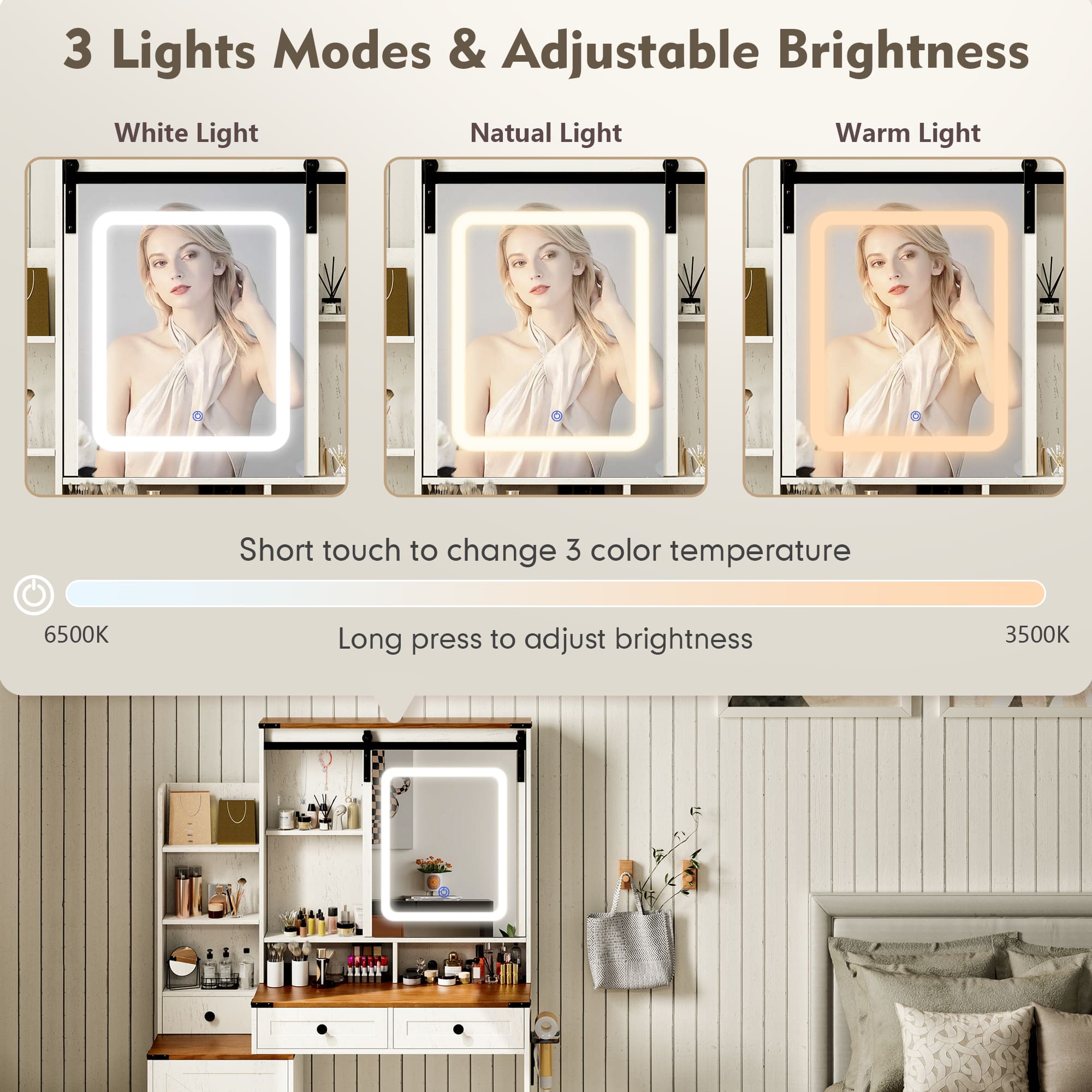 59" Farmhouse Vanity Desk with Mirror, LED Lights & Charging Station ¨C Makeup Table with Drawers, Cabinet & Shelves