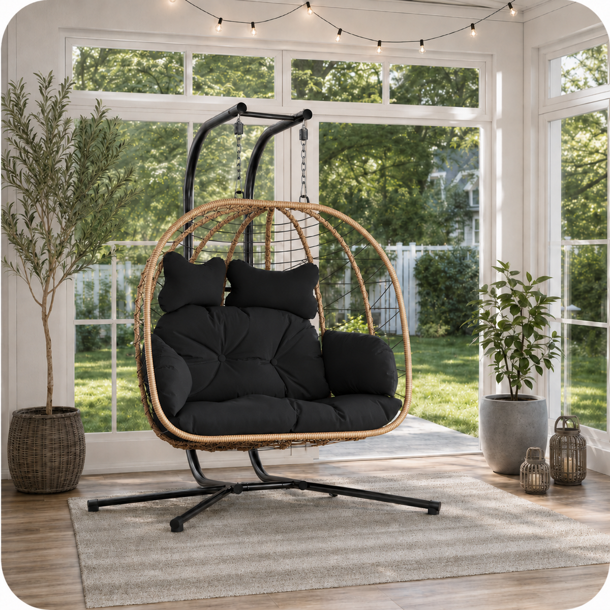Outdoor 2-Person Hanging Egg Chair with Stand & Cushions