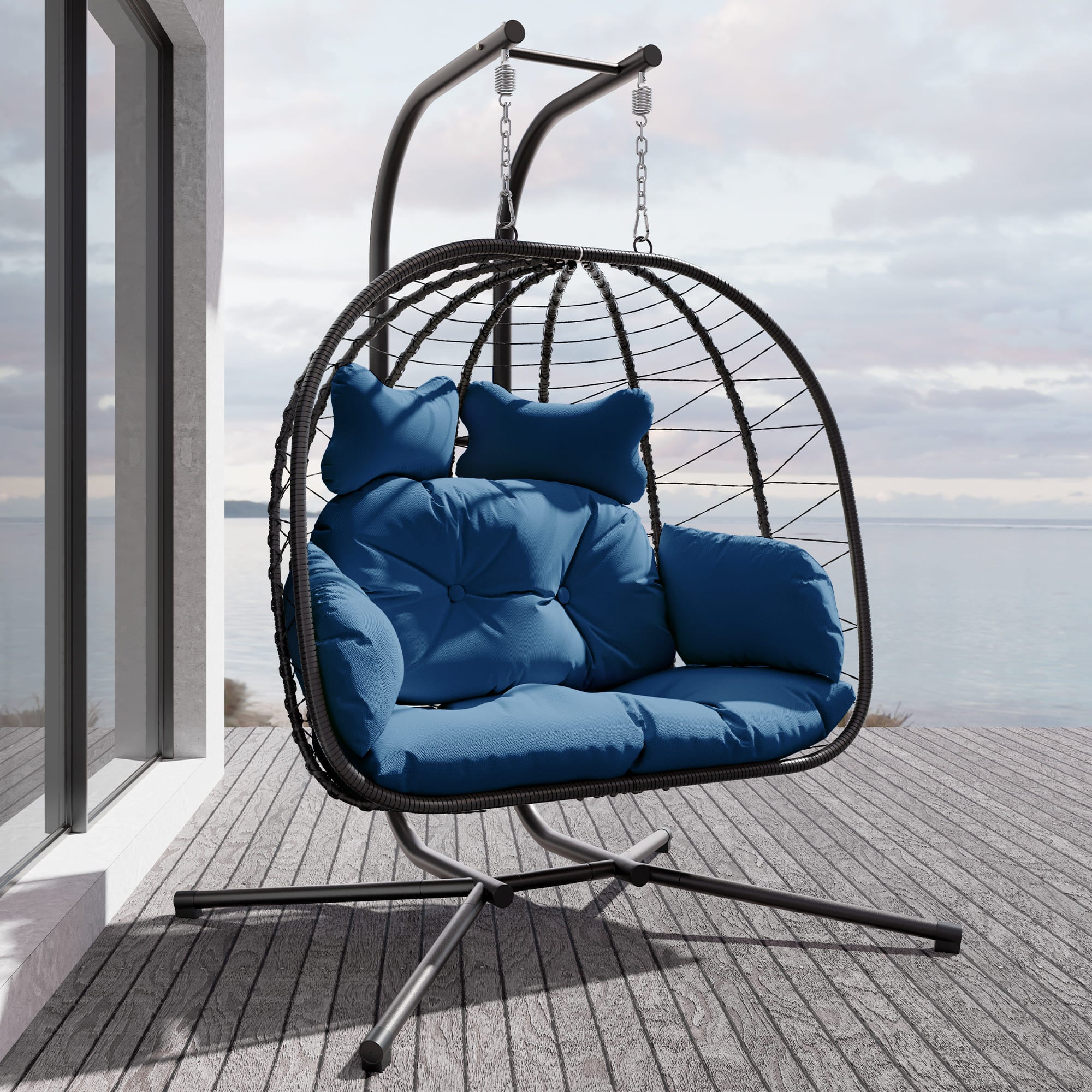 2-Person Hanging Egg Chair with Stand and Cushions ¨C Front View