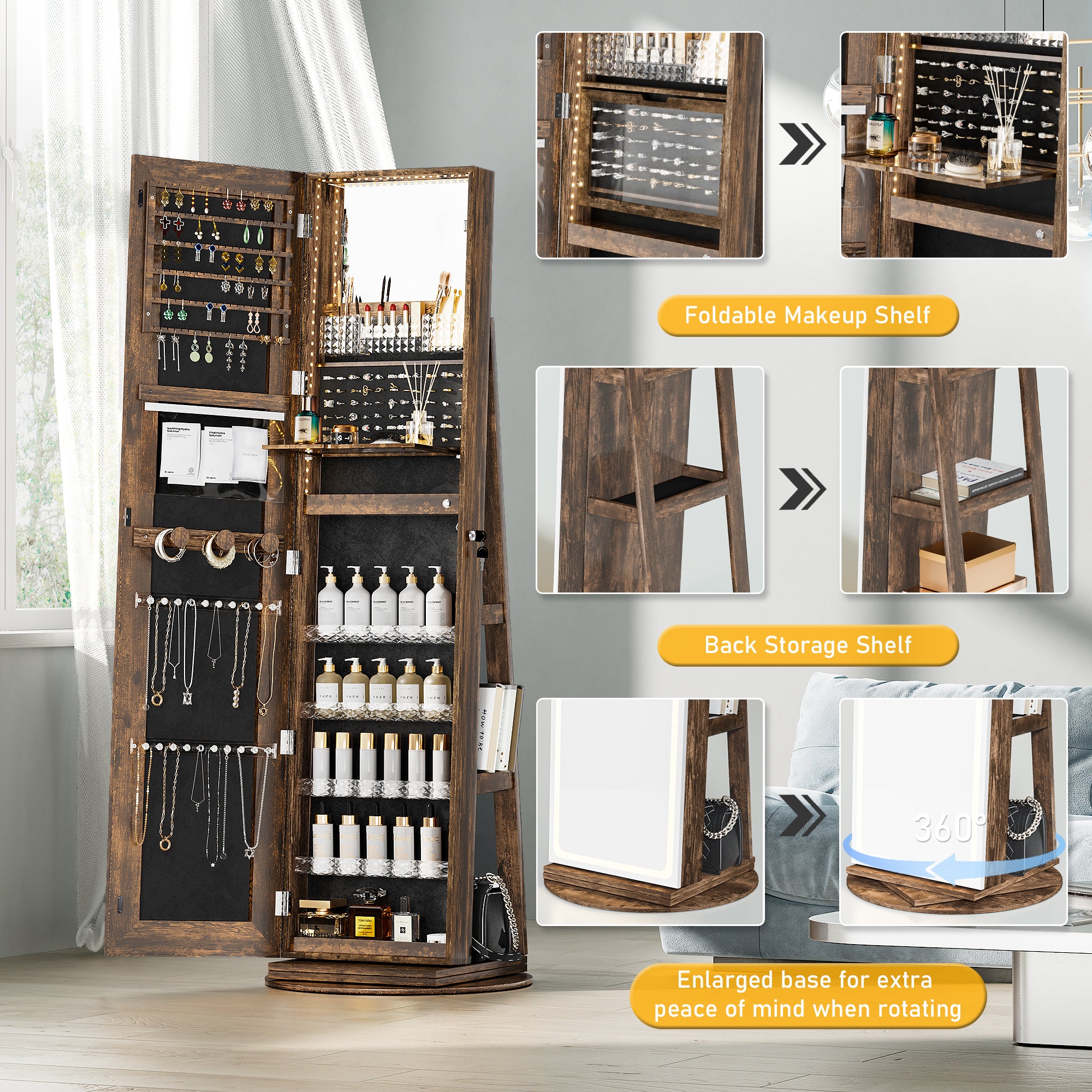 RIWENGO 360¡ã Rotating Base of Jewelry Armoire for Easy Access