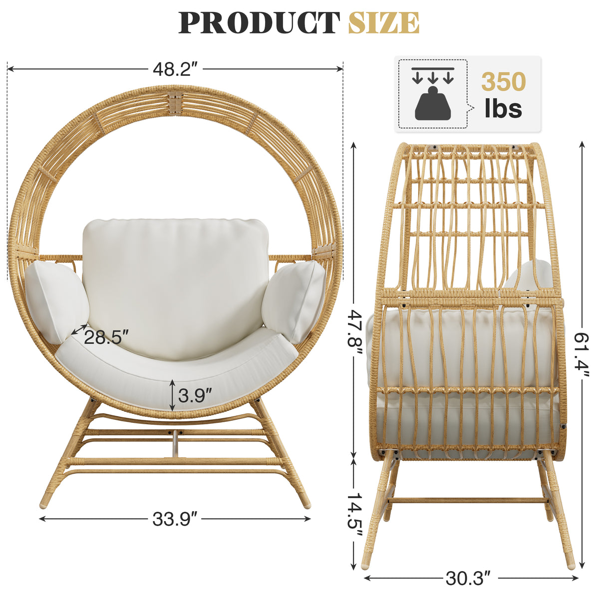 Oversized Outdoor Wicker Round Egg Chair with 4 Cushions
