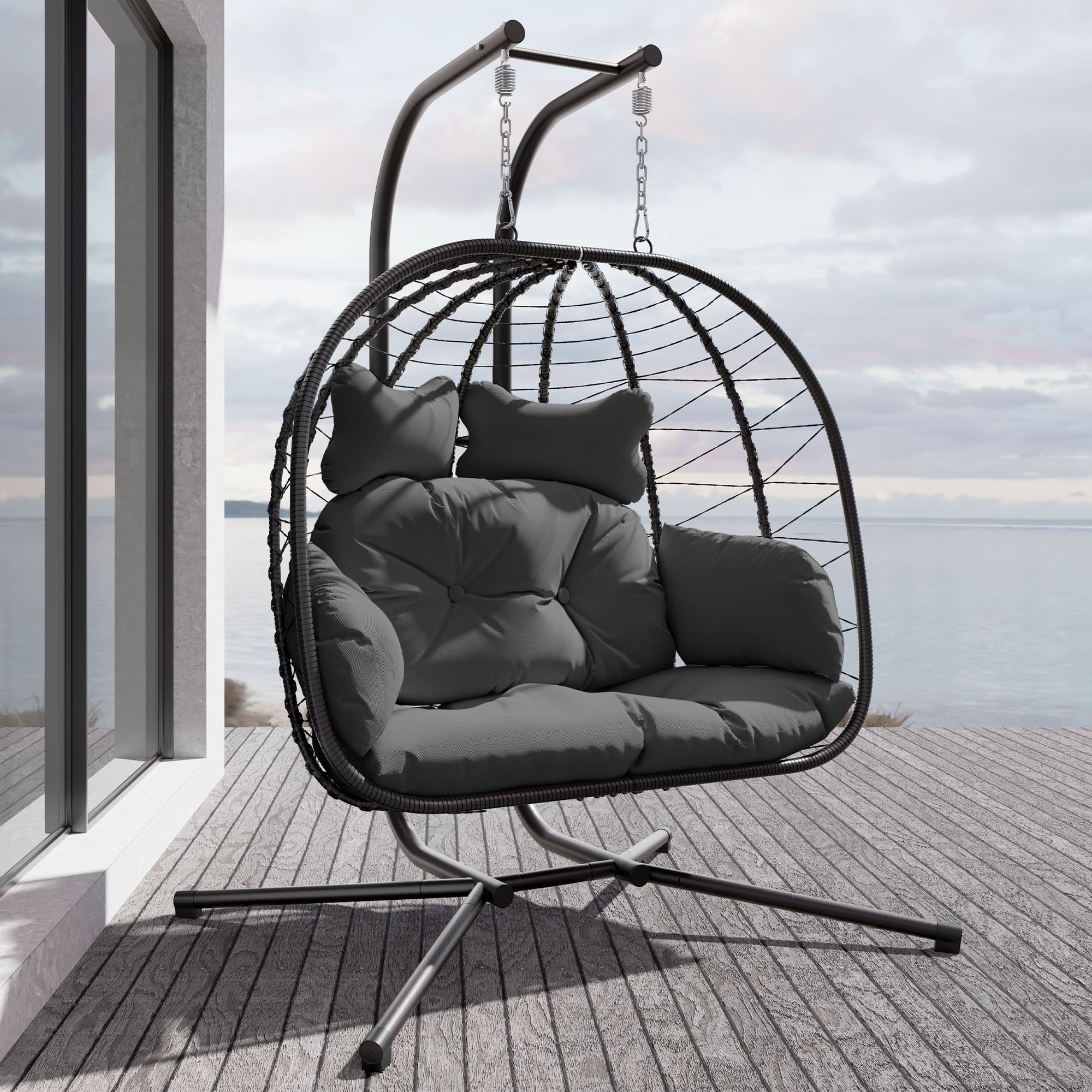 2-Person Hanging Egg Chair with Stand and Cushions ¨C Front View