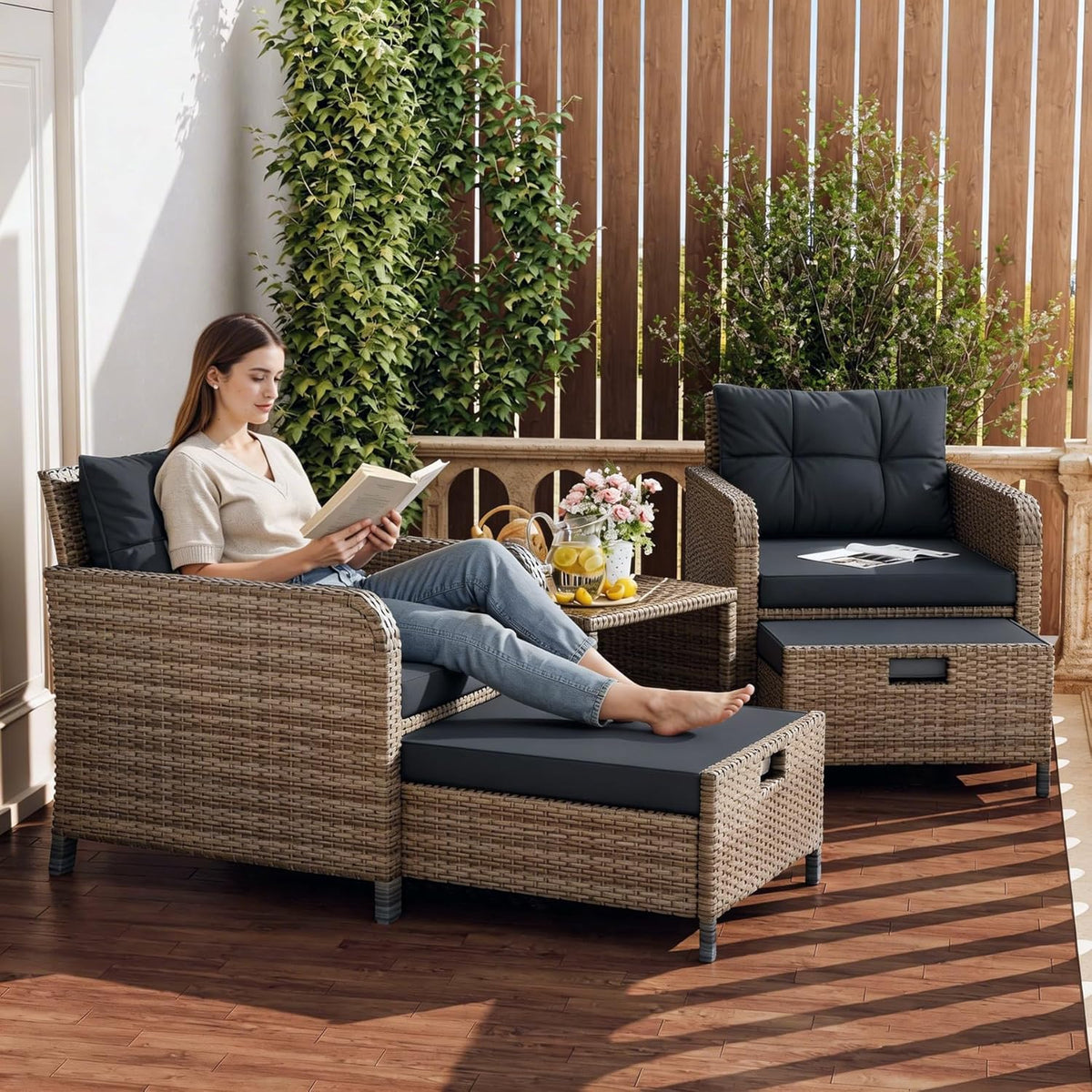 5-Piece Space-Saving Rattan Patio Set with Ottomans & Glass Table
