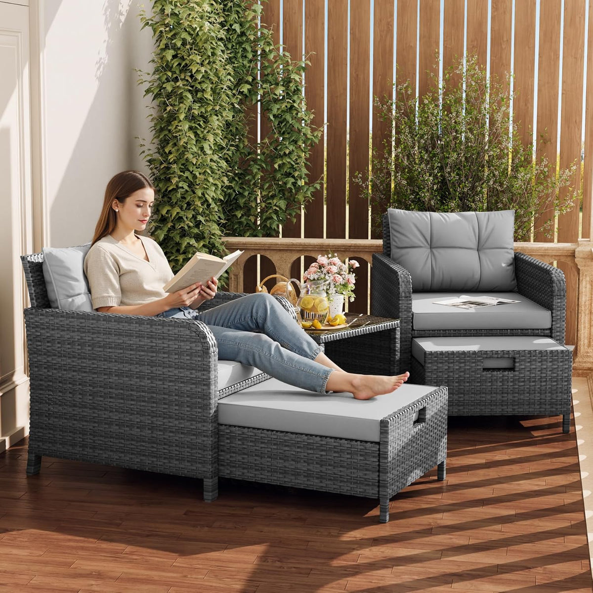 5-Piece Space-Saving Rattan Patio Set with Ottomans & Glass Table