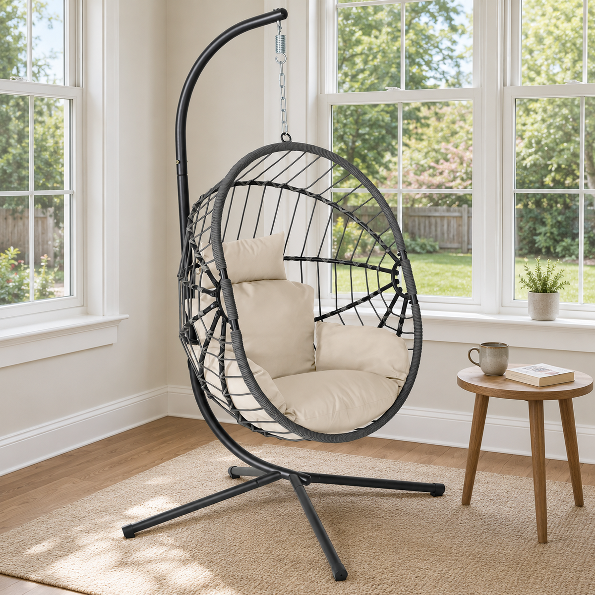 Outdoor Single Hanging Egg Chair with Stand & Cushions