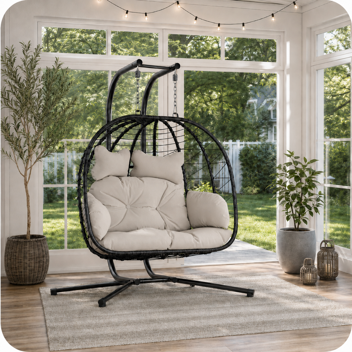Outdoor 2-Person Hanging Egg Chair with Stand & Cushions