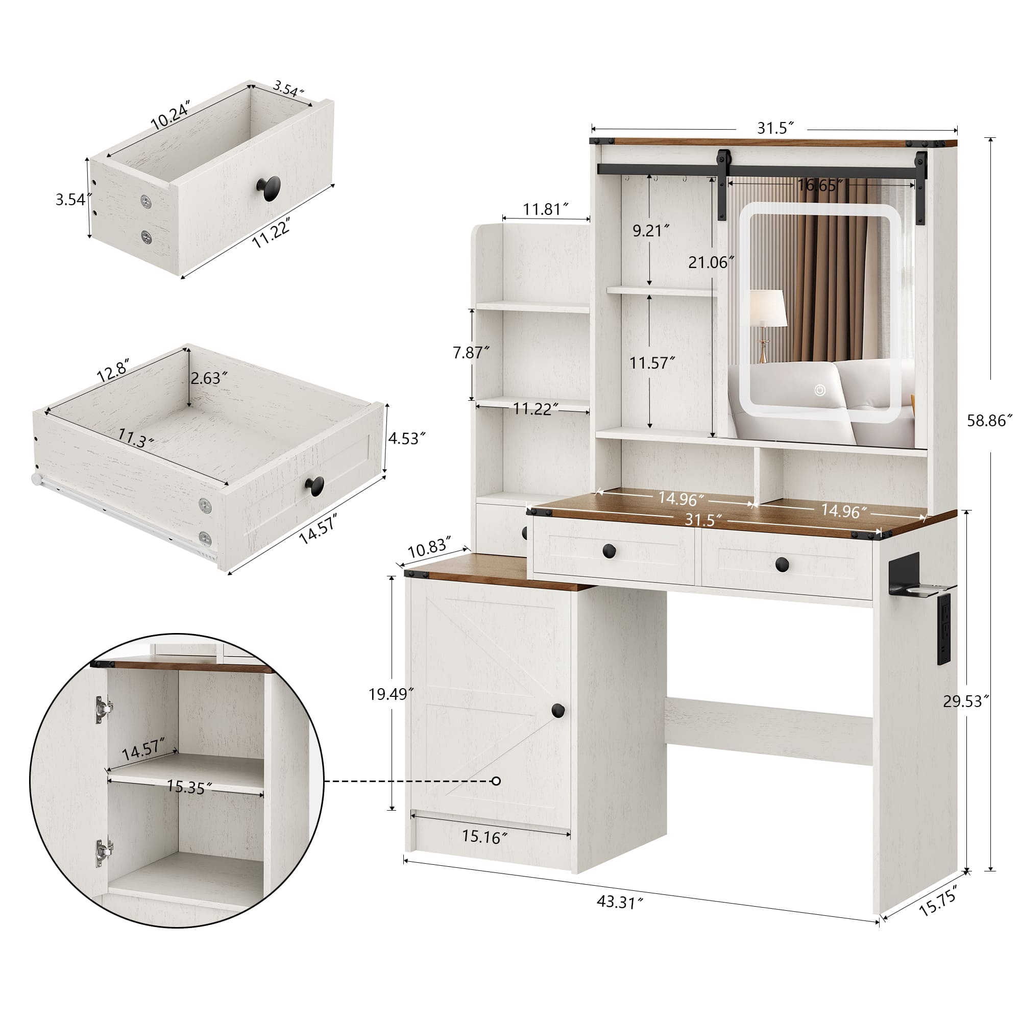 59" Farmhouse Vanity Desk with Mirror, LED Lights & Charging Station ¨C Makeup Table with Drawers, Cabinet & Shelves