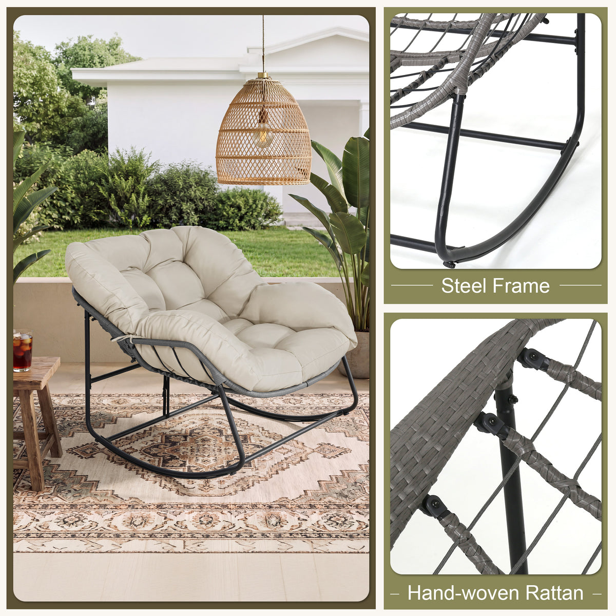Oversized Wicker Egg Rocking Chair with Thick Cushion – Indoor & Outdoor