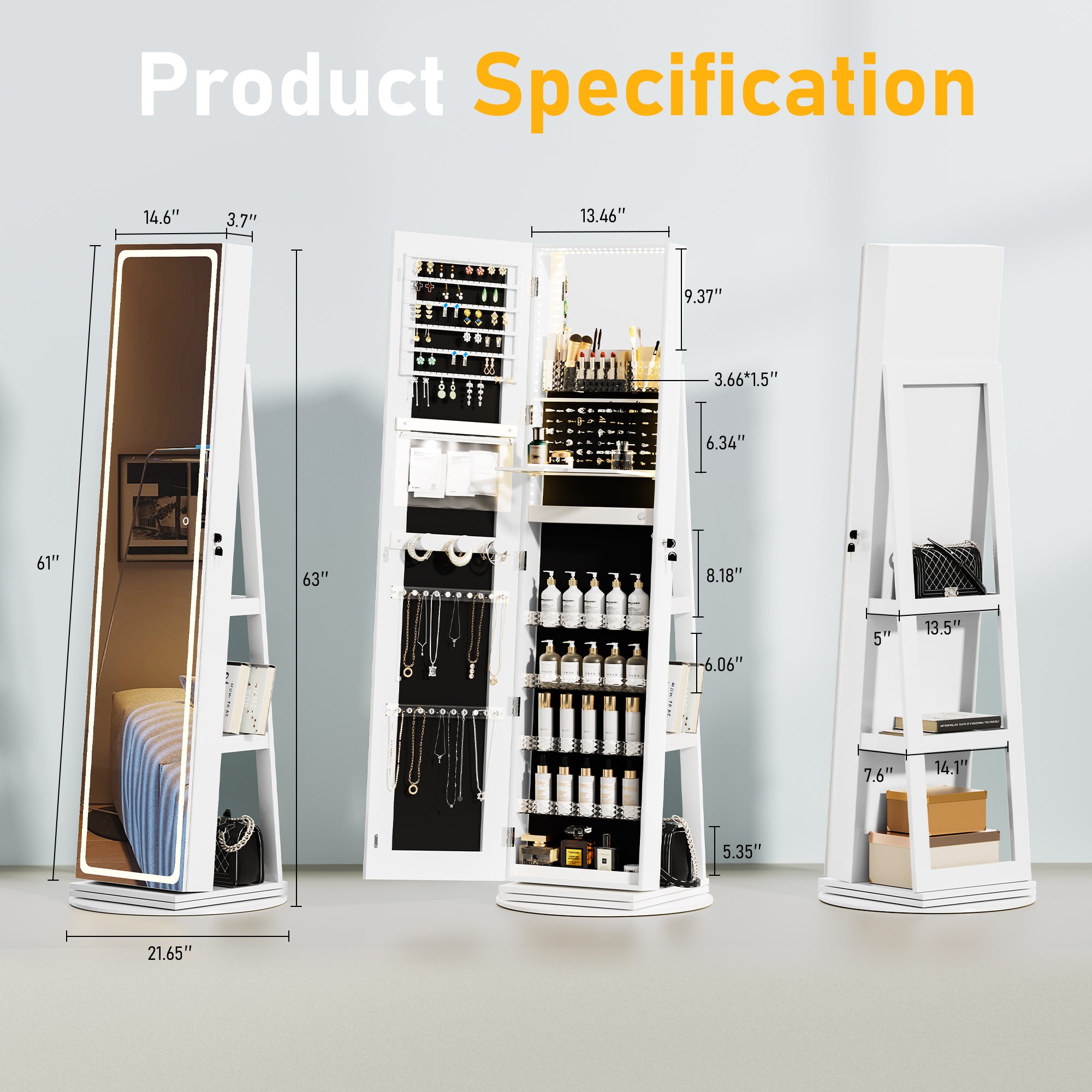RIWENGO LED Mirror Jewelry Cabinet Standing with Adjustable LED Lights