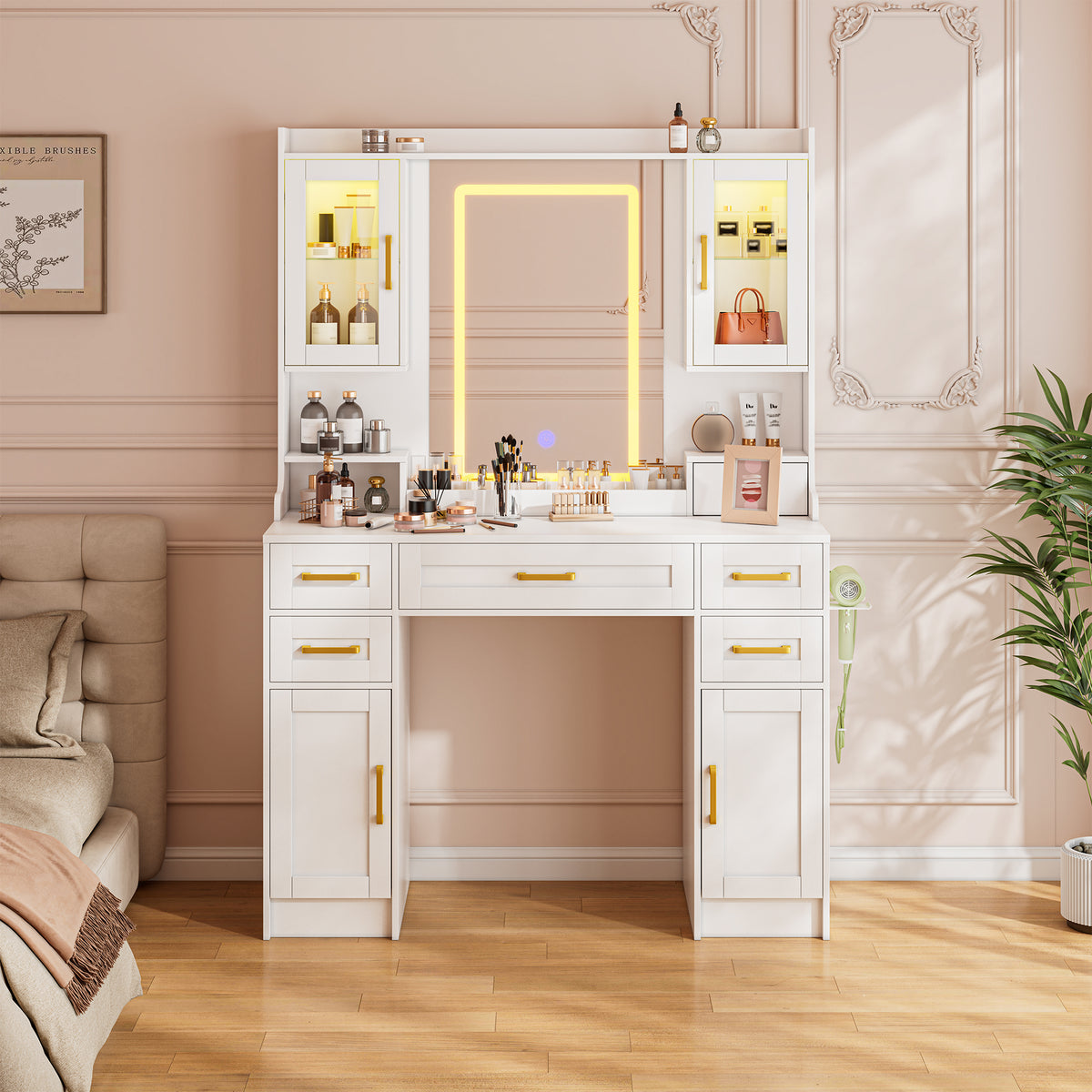 Large Makeup Vanity Desk with LED Mirror, 5 Drawers, 4 Cabinets & Charging Station