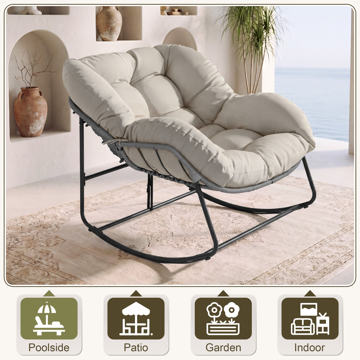 Oversized Wicker Egg Rocking Chair with Thick Cushion – Indoor & Outdoor