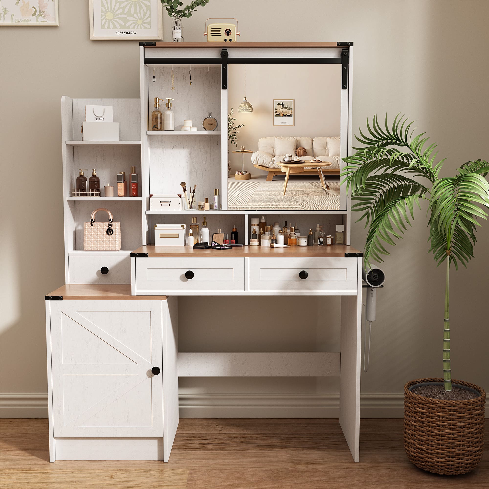 59" Farmhouse Vanity Desk with Mirror, LED Lights & Charging Station ¨C Makeup Table with Drawers, Cabinet & Shelves