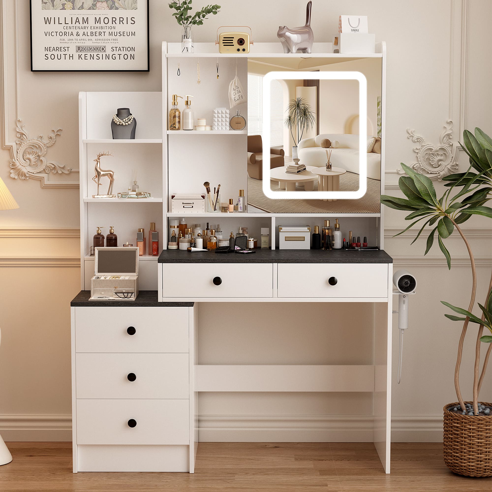 59" Farmhouse Vanity Desk with Mirror, LED Lights & Charging Station ¨C Makeup Table with Drawers, Cabinet & Shelves
