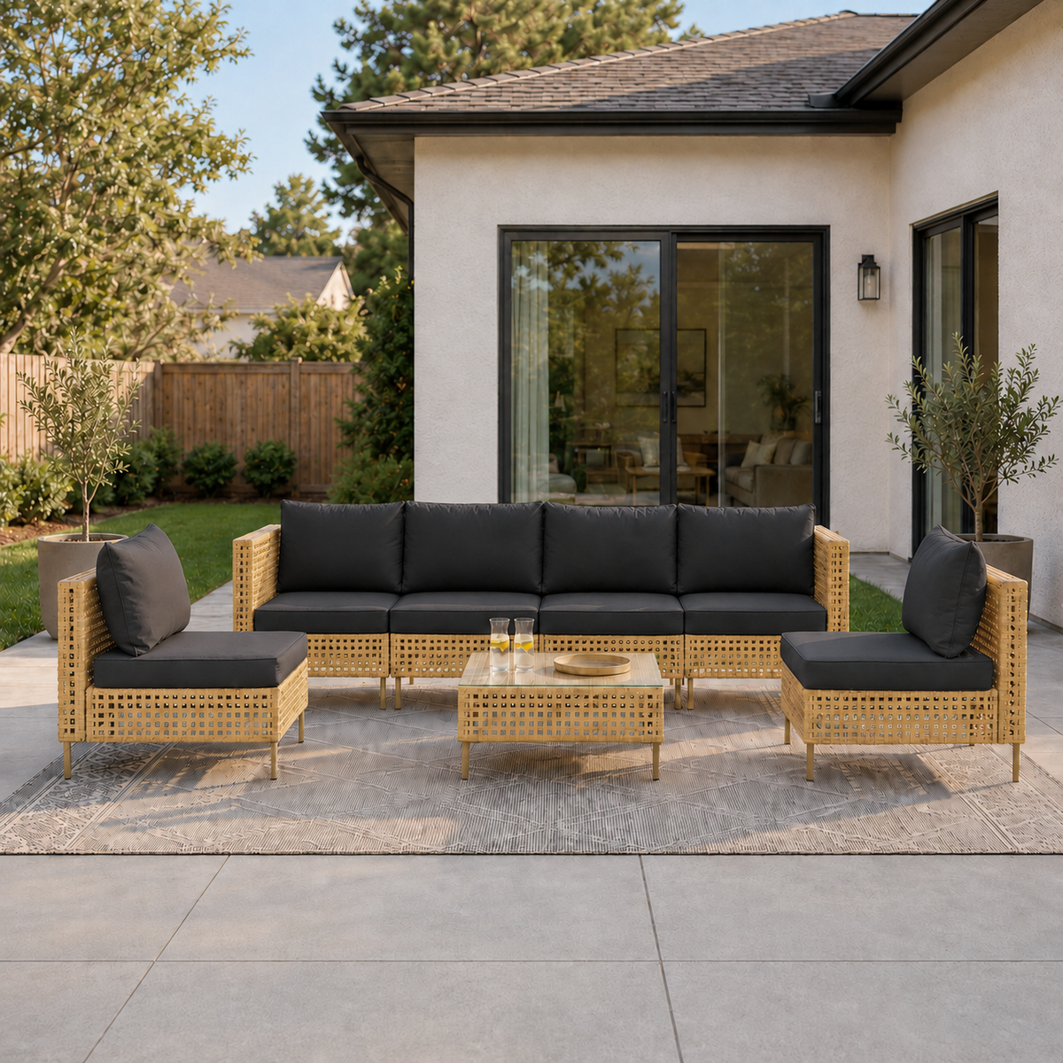 7-Piece Modular Outdoor Wicker Patio Set for with Cushions & Glass Coffee Table