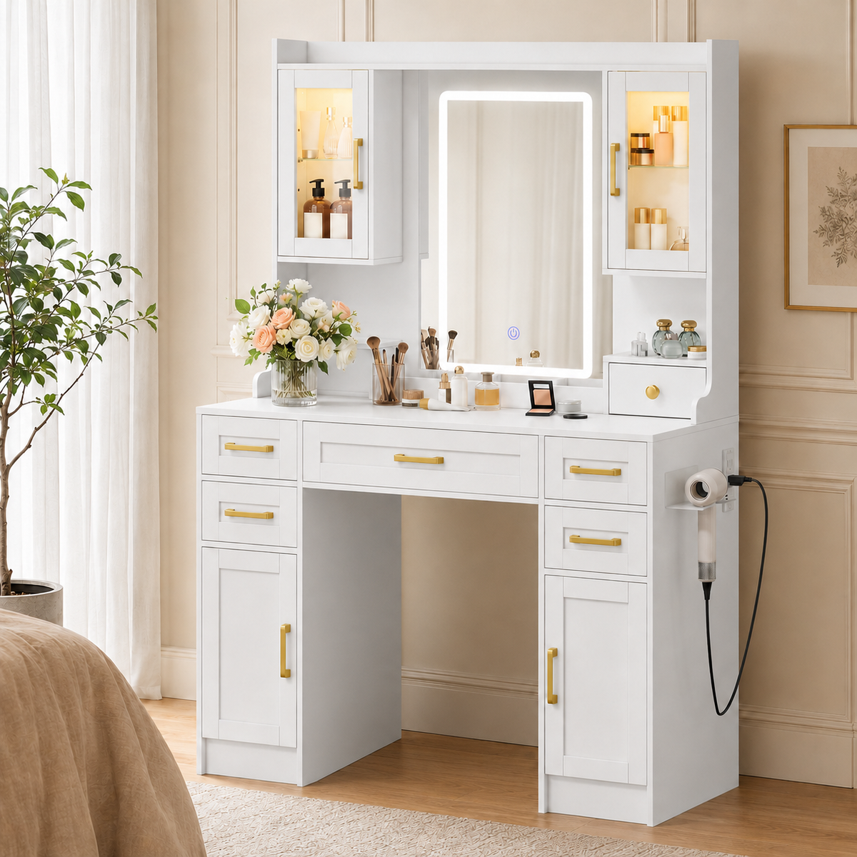 Large Makeup Vanity Desk with LED Mirror, 5 Drawers, 4 Cabinets & Charging Station