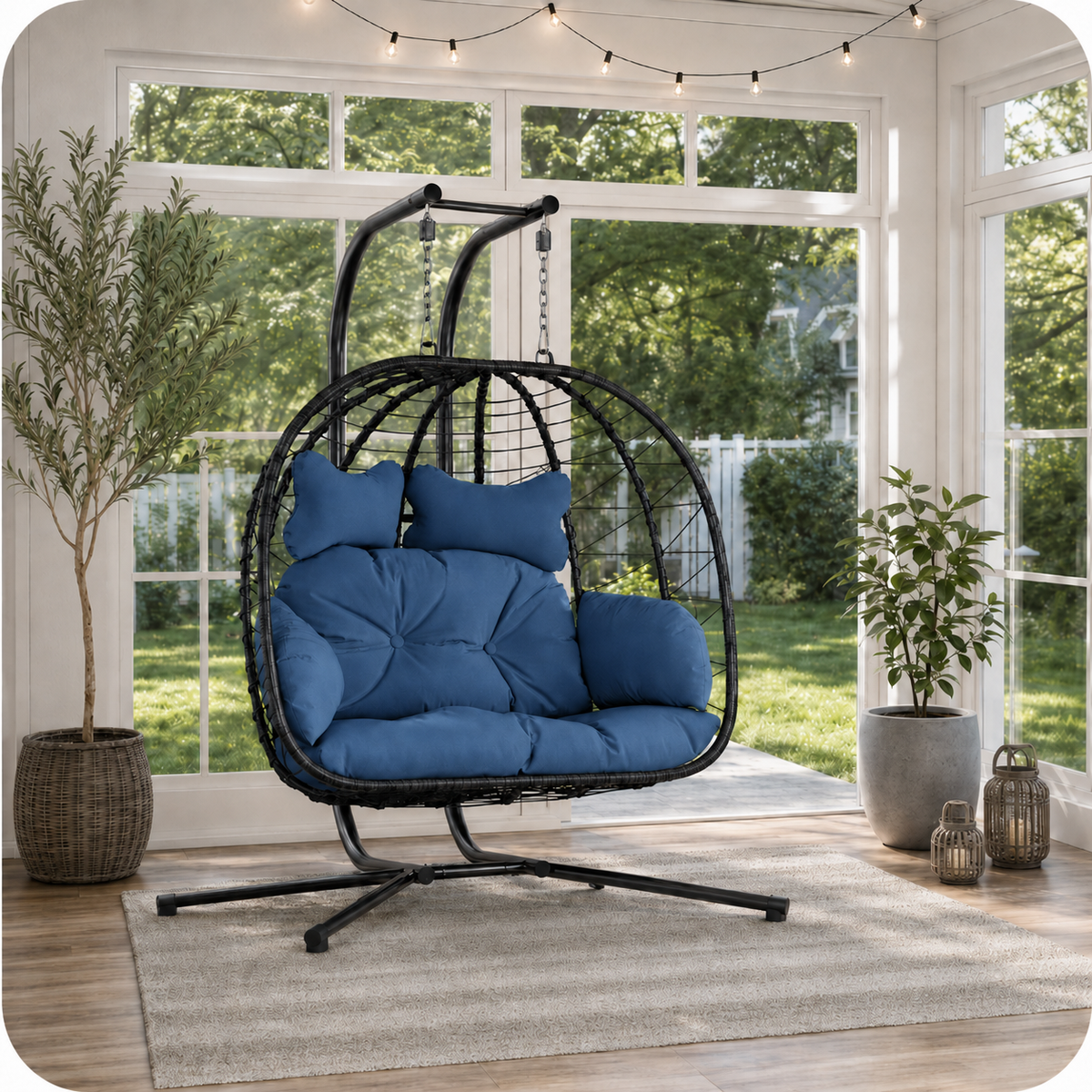 Outdoor 2-Person Hanging Egg Chair with Stand & Cushions