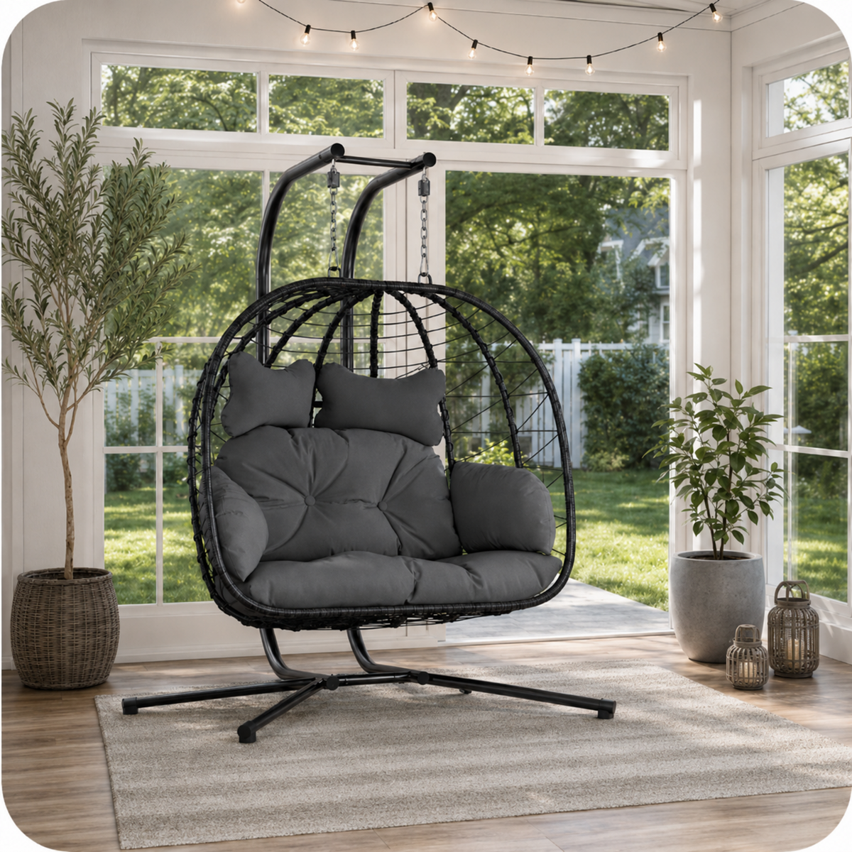 Outdoor 2-Person Hanging Egg Chair with Stand & Cushions
