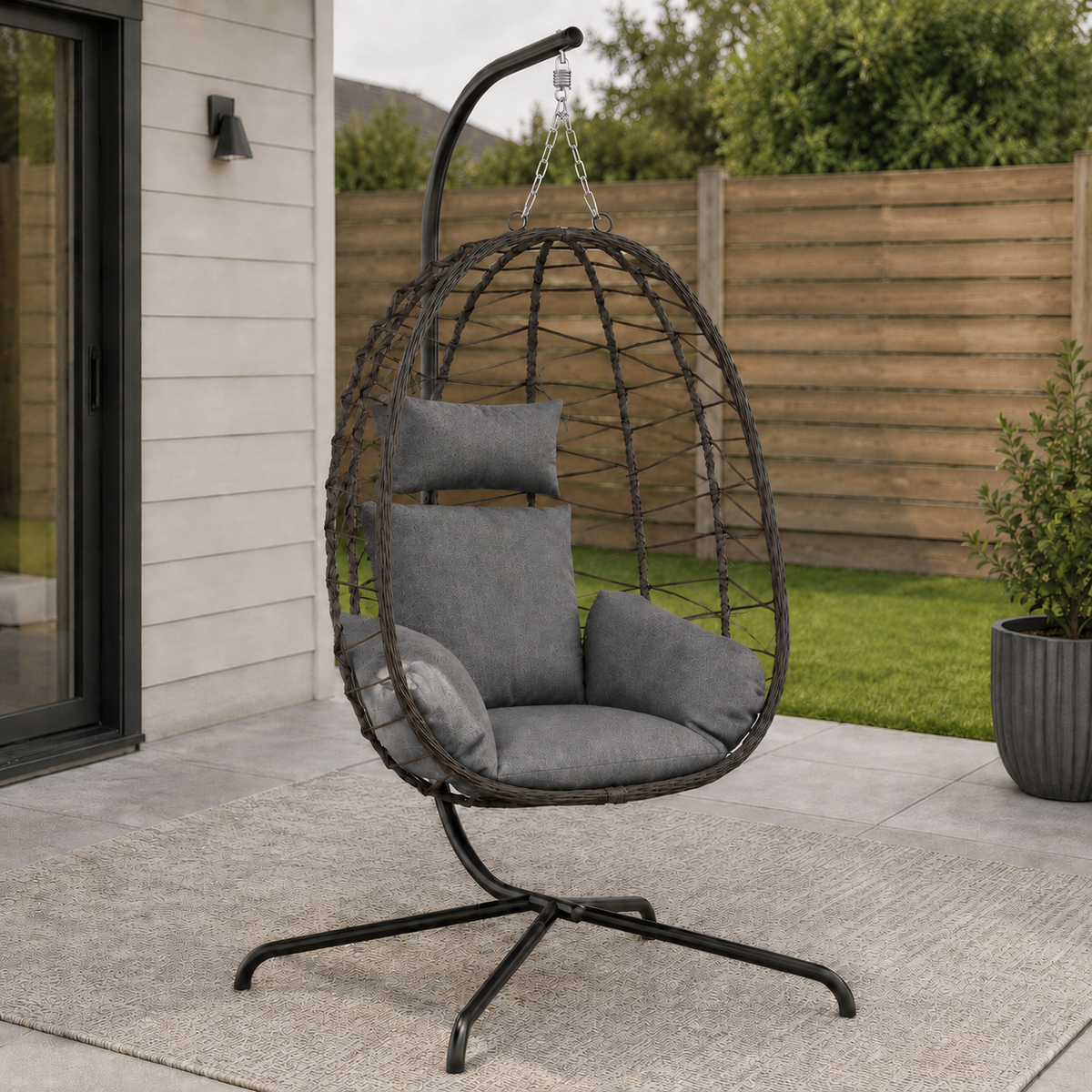 Foldable Outdoor Single Hanging Egg Chair with Stand & Cushions