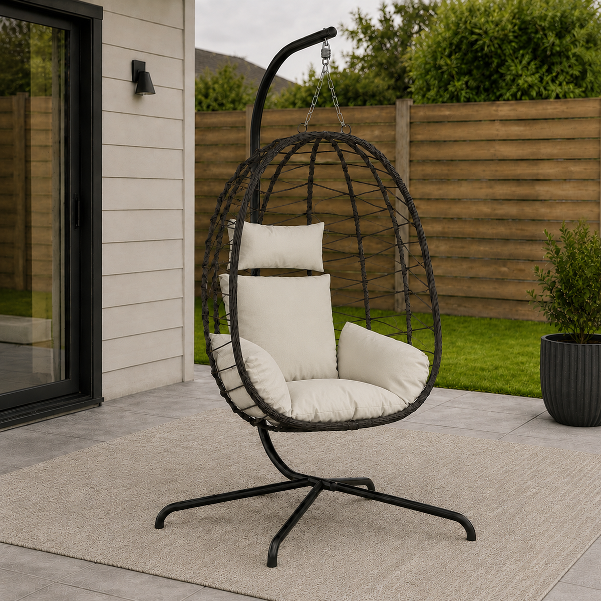 Foldable Outdoor Single Hanging Egg Chair with Stand & Cushions