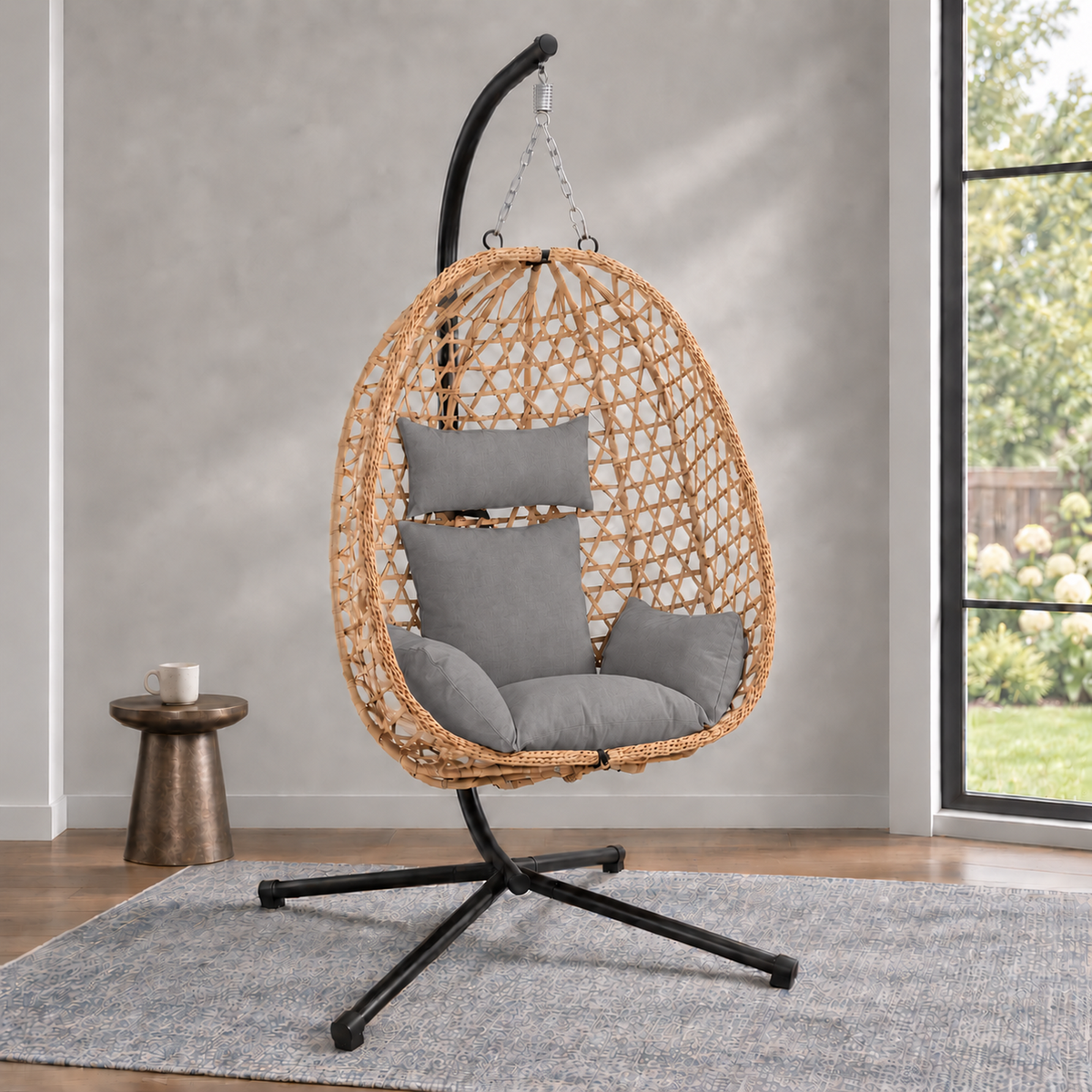 Outdoor Single Hanging Egg Chair with Stand & Cushions
