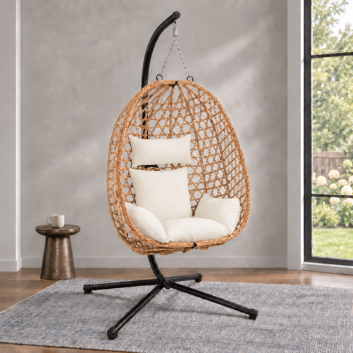 Outdoor Single Hanging Egg Chair with Stand & Cushions